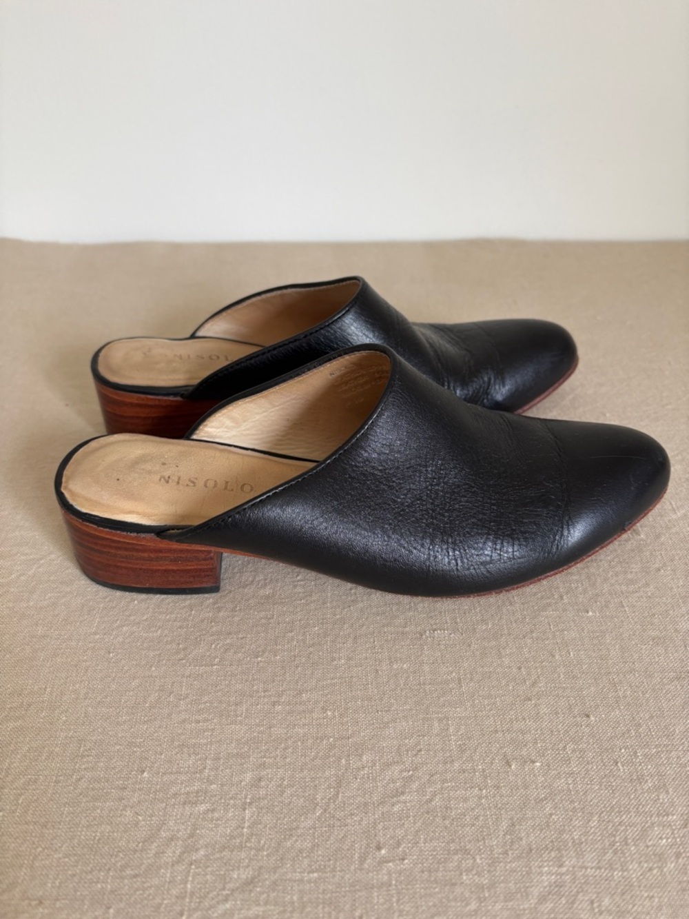 Nisolo Black Leather Slip-On Mule with Stacked Wood Heel 7